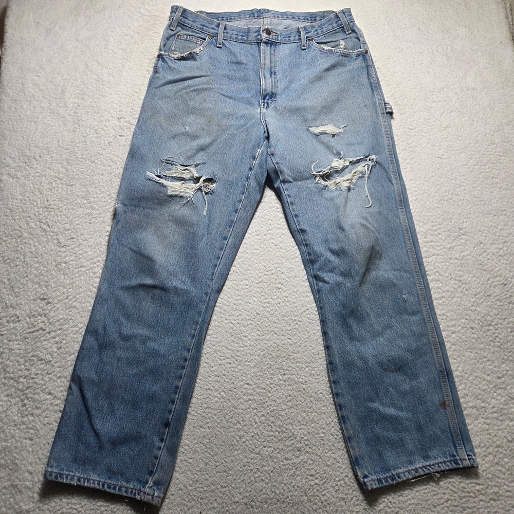 Dickies Carpenter Jeans Mens 34x32 Blue Distressed Relaxed Fit Workwear Utility